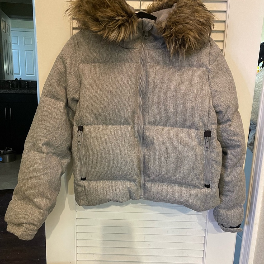 GAP Gray Puffer Jacket with Faux Fur Hood